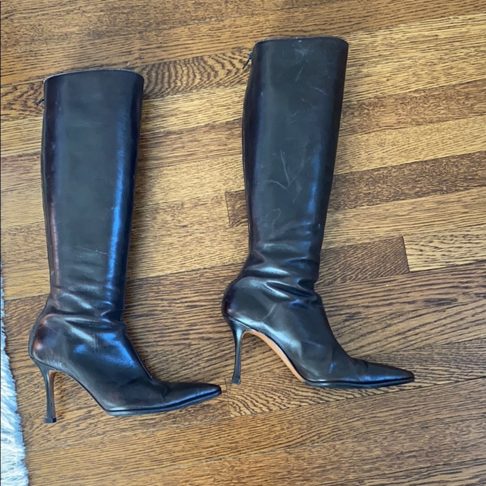 Brown leather high heel boots